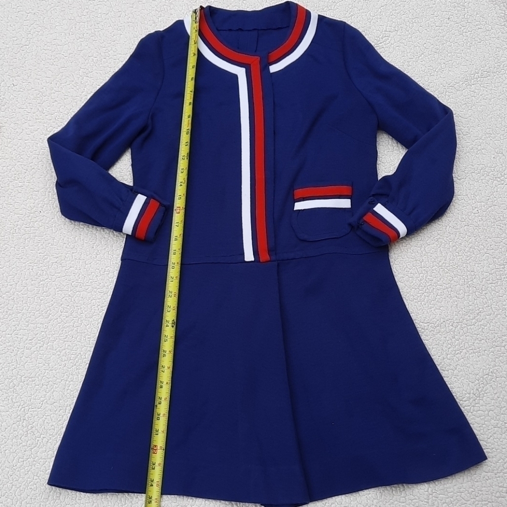 Vintage Handmade Navy Blue Red Stripe Mod Long Sleeve Dress Small - Picture 10 of 13